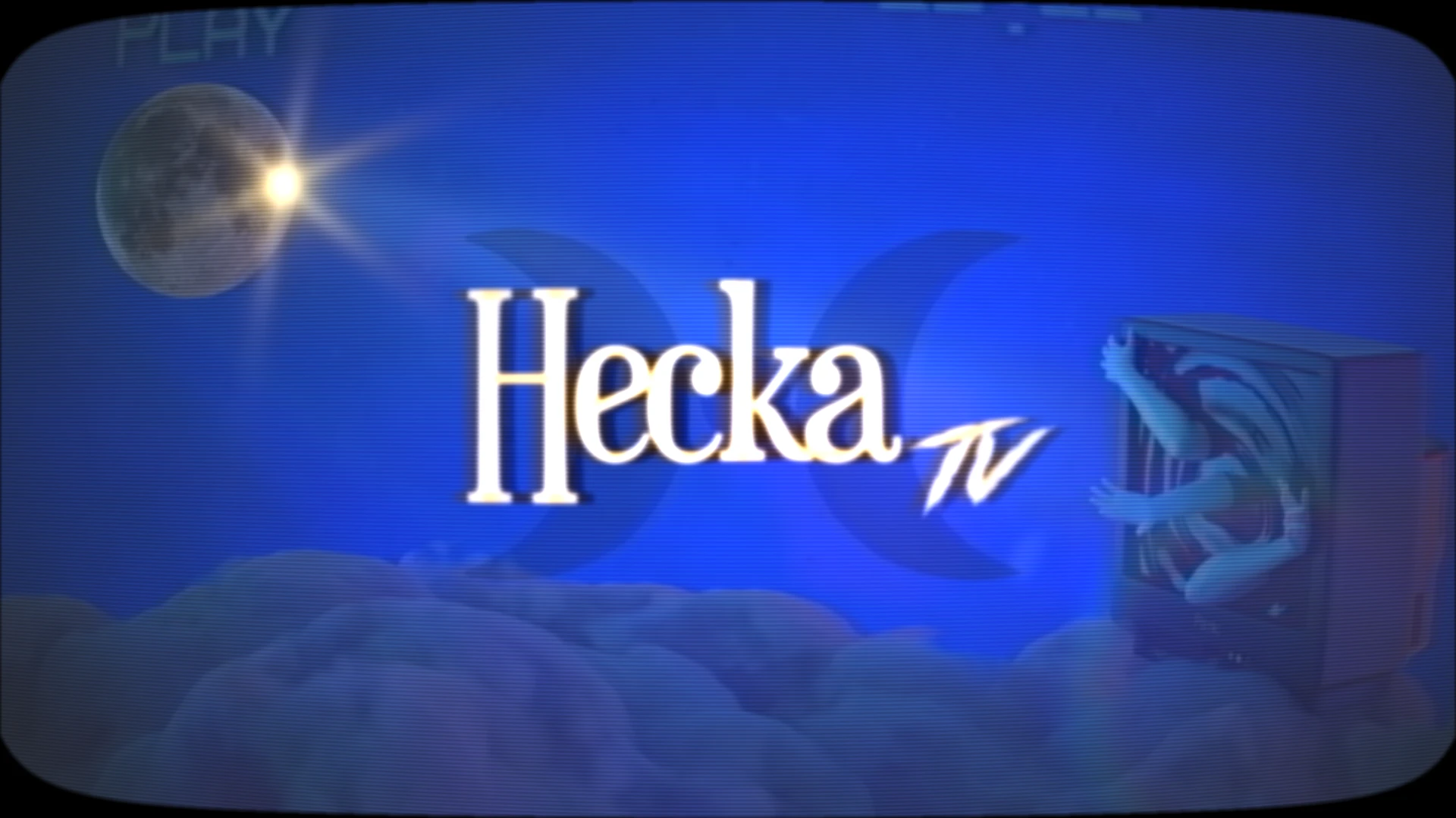 HeckaTV — electric-blue CRT artwork with the HeckaTV wordmark and moon